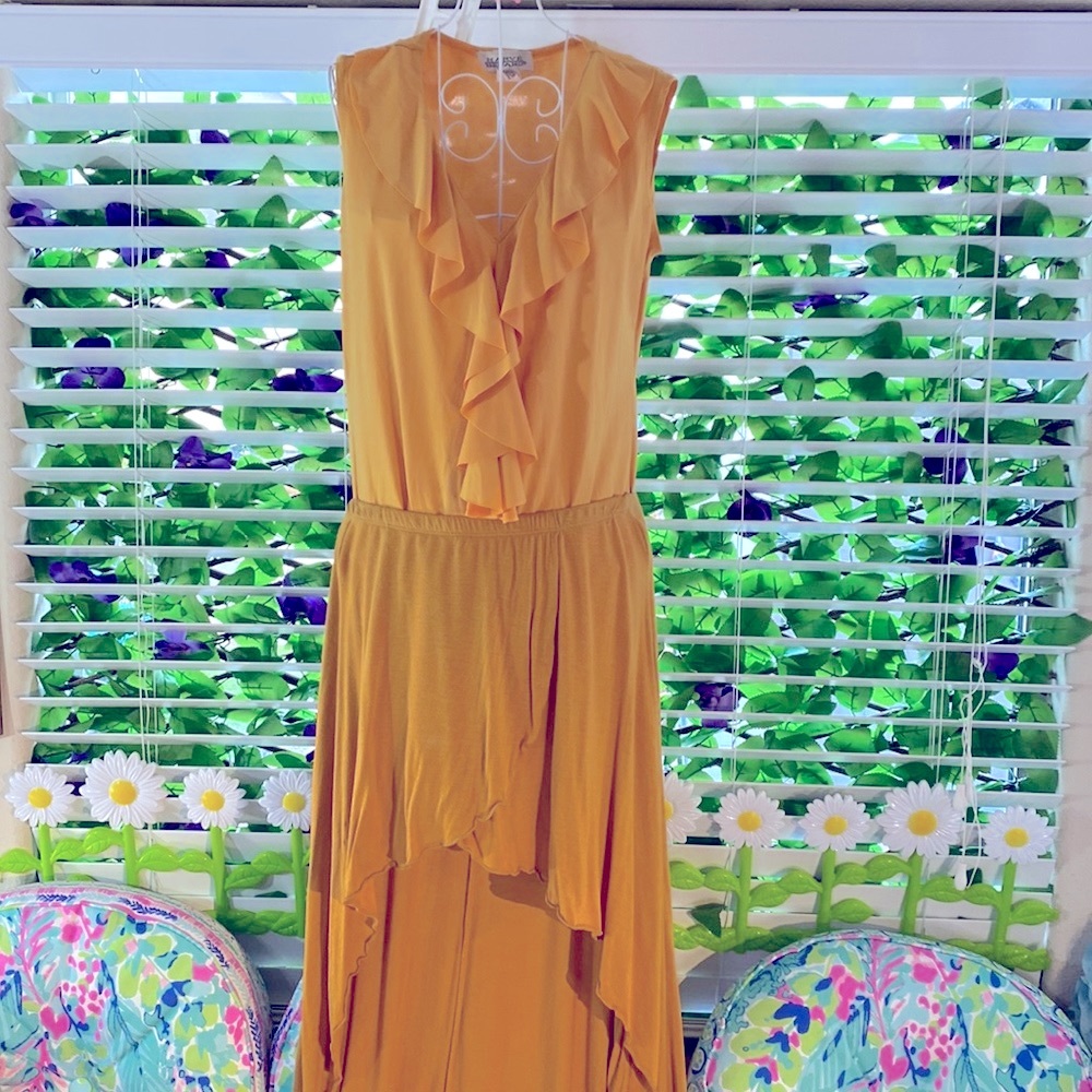Waterfall ruffle front mustard yellow blouse